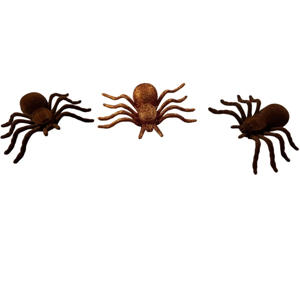 Halloween Spider Decor Set of 3 Brown Flocked Velvet and Orange Glitter Spiders